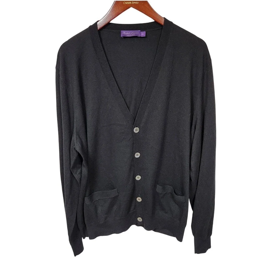 Ralph Lauren Purple Label 100% Cashmere V-Neck Cardigan Black Men XXL Made Italy
